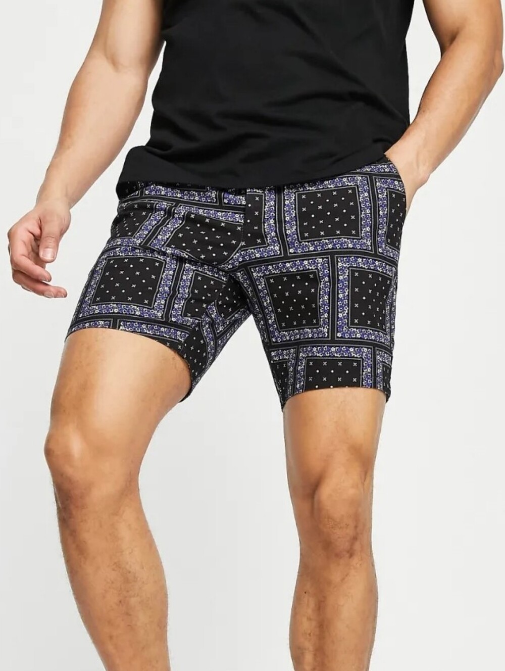 ASOS Design Mens Slim Paisley Print Shorts Black And Blue